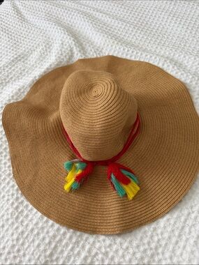 Serra Brown Straw Sun Hat with Red Tie and Colorful Tassels